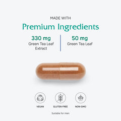 Ingredient panel on Vitanica Green Tea bottle showing extract and whole leaf powder