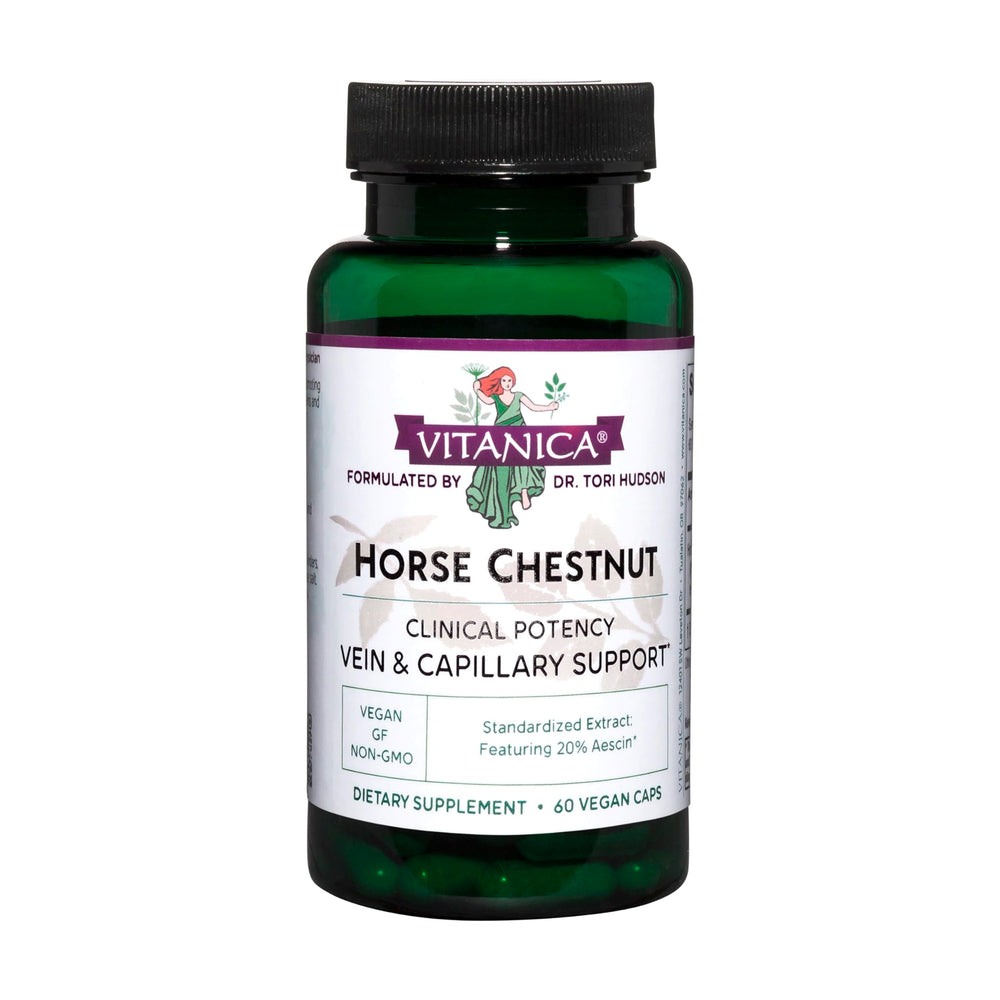 Vitanica Horse Chestnut capsules closeup highlighting 20% aescin for vein support