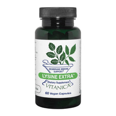Vitanica Lysine Extra bottle front shows vegan immune support for daily wellness