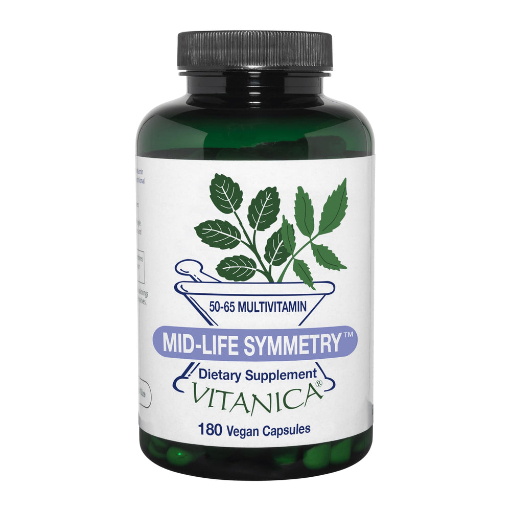 Vitanica Mid-Life Symmetry bottle front shows vegan daily multivitamin for balanced aging.