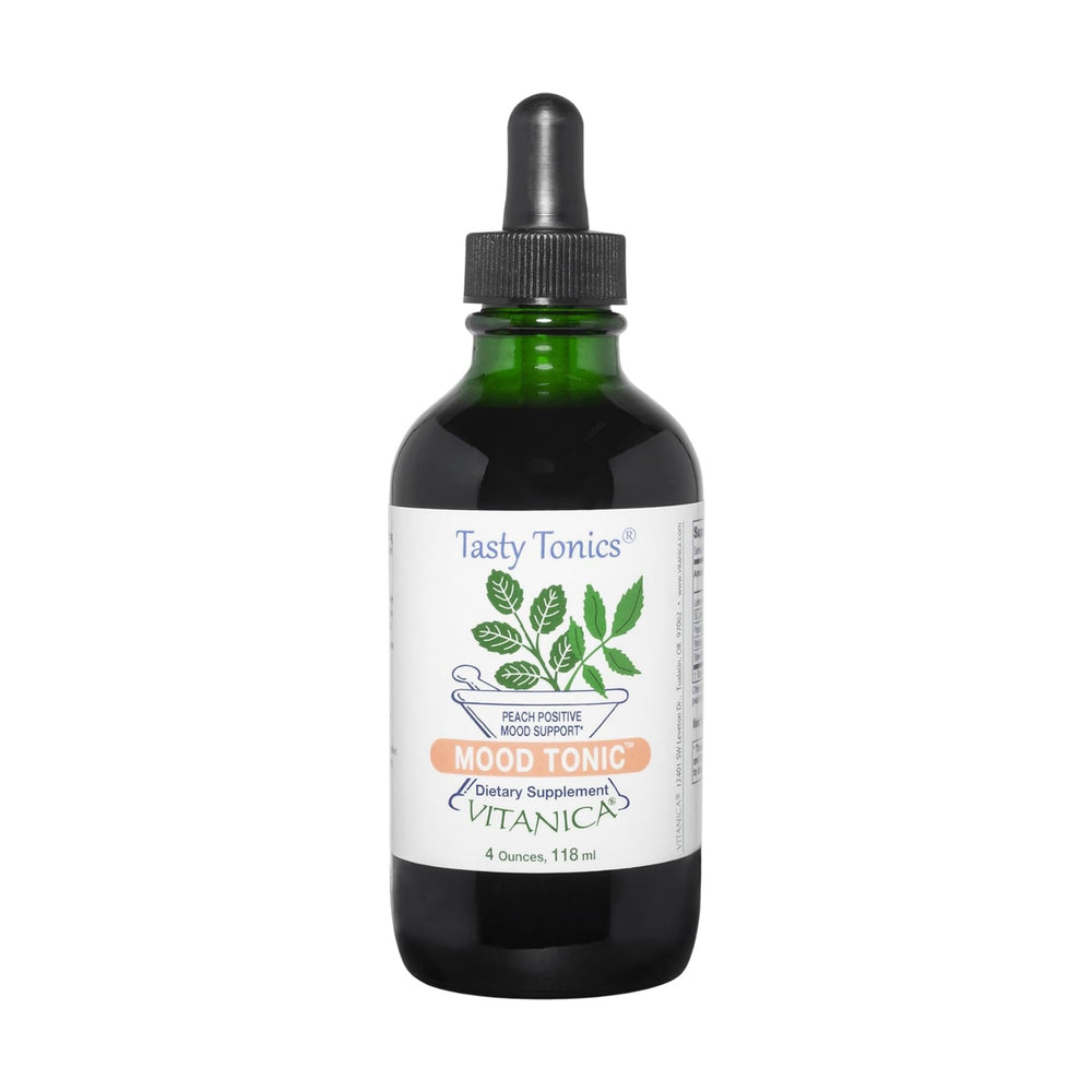 Vitanica Mood Tonic peach bottle front offers calm mood support.