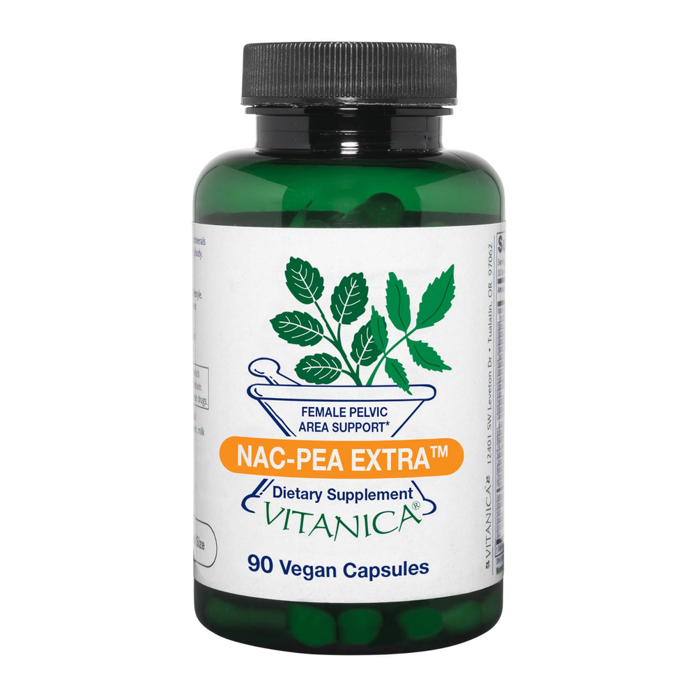 Vitanica NAC-PEA Extra bottle highlighting immune support and pelvic wellness