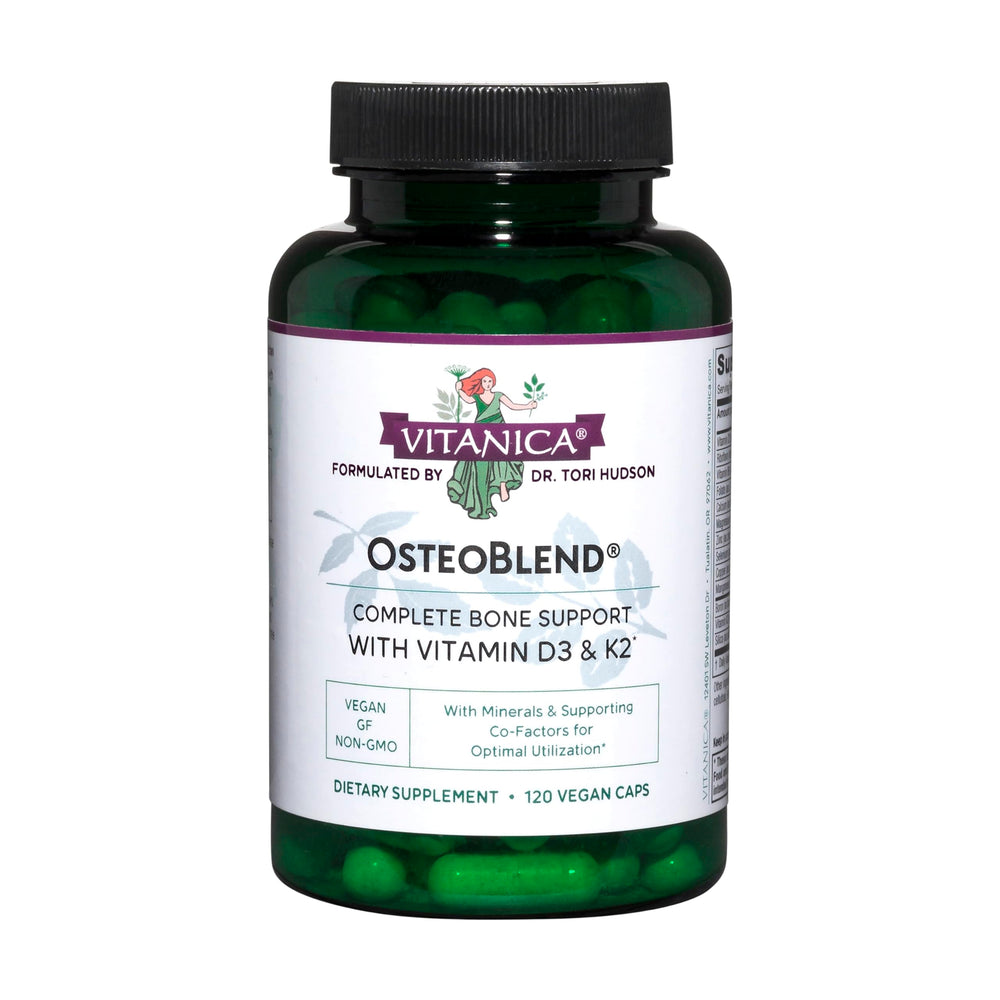 Vitanica OsteoBlend bottle front showing vegan bone support formula.