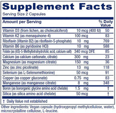 Close-up of OsteoBlend bottle showing capsules for daily vegan supplementation.