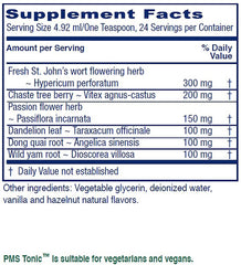 Vitanica PMS Tonic ingredients diagram highlights St. Johns Wort, dong quai, and chaste tree berry