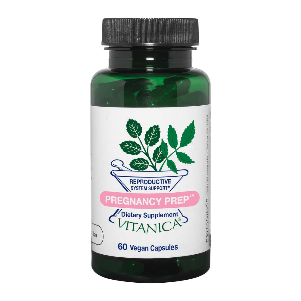Vitanica Pregnancy Prep bottle front with vegan capsules for reproductive support.