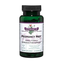 Vitanica Pregnancy Prep bottle front, vegan capsules for reproductive wellness.