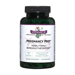 Vitanica Pregnancy Prep bottle on white background for vegan reproductive support.