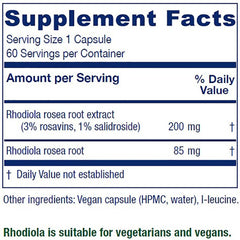 Vitanica Rhodiola Rosea capsules close-up highlighting vegan, Rosavins blend