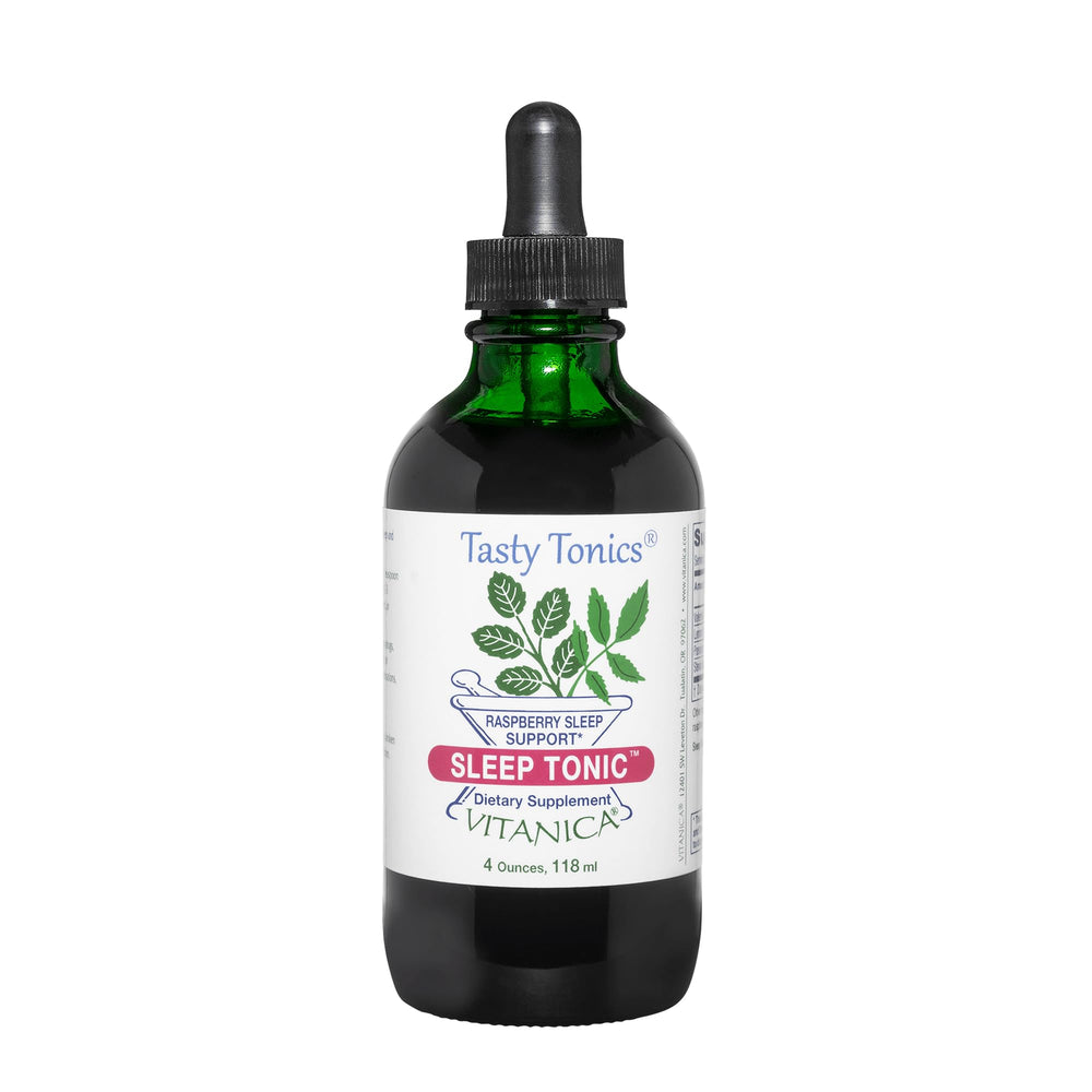Vitanica Sleep Tonic bottle close-up showing calming herbal blend.