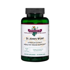 Vitanica St. John's Wort capsules bottle front showing vegan, non-GMO mood support.