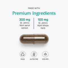 Vitanica St. John's Wort capsules bottle side view highlighting USA-made GMP quality for daily mood support.