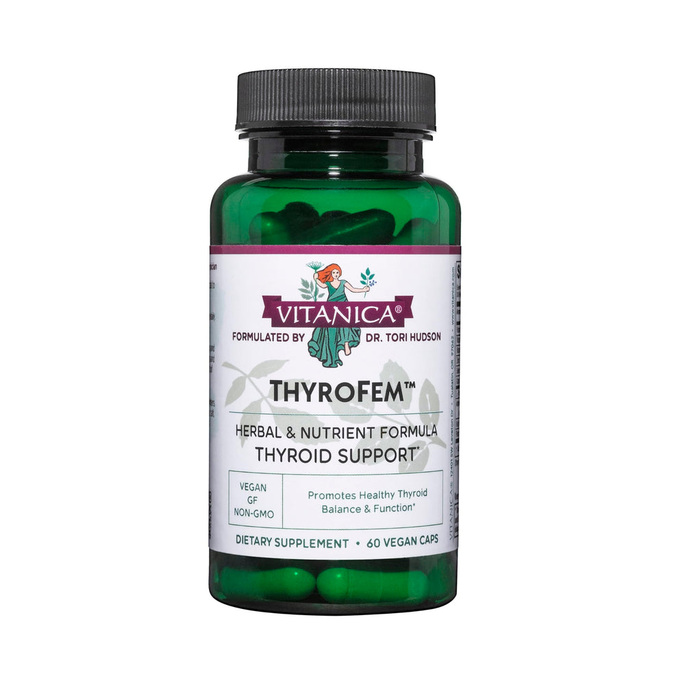 Vitanica ThyroFem bottle front showing vegan thyroid support for daily wellness