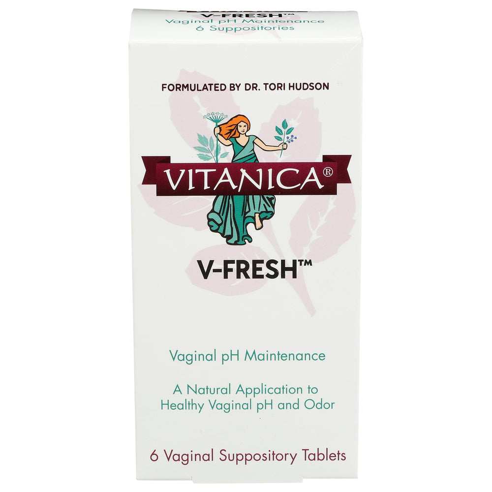 Vitanica V-Fresh packaging with six vaginal pH support suppositories.