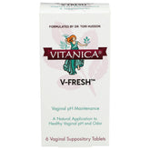 Vitanica V-Fresh packaging with six vaginal pH support suppositories.