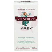 Vitanica V-Fresh packaging with six vaginal pH support suppositories.