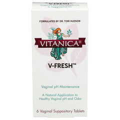 Vitanica V-Fresh packaging with six vaginal pH support suppositories.