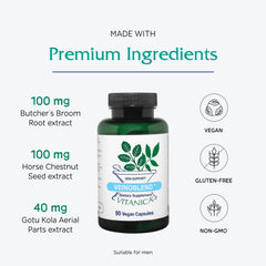 Vitanica VeinoBlend label detail conveys non-GMO, organic, wild-crafted herbs.