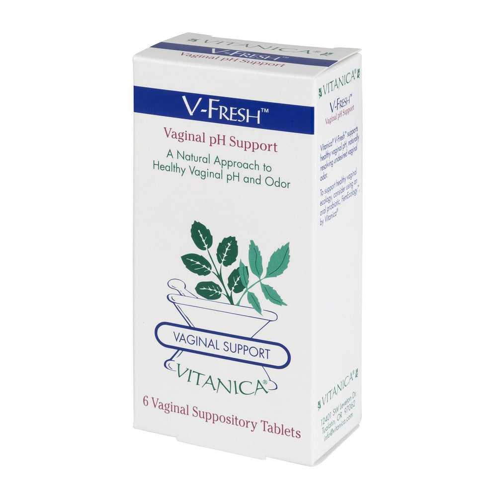 Vitanica V-Fresh suppositories packaging promoting discreet vaginal pH support.