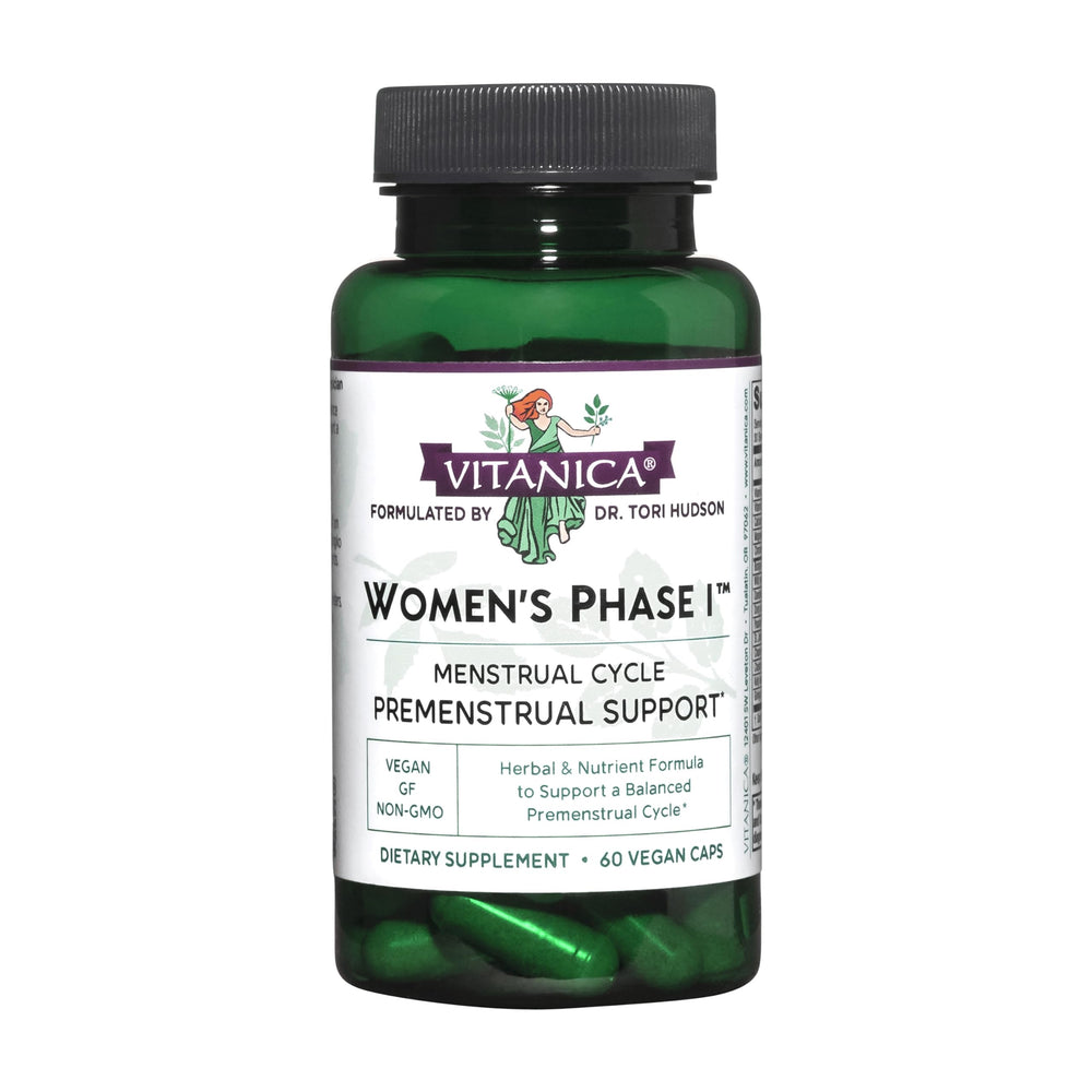 Vitanica Women's Phase I premenstrual support bottle front for balanced cycles.