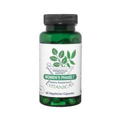 Vitanica Women's Phase I Premenstrual Support front label shows vegan formula for daily PMS support.