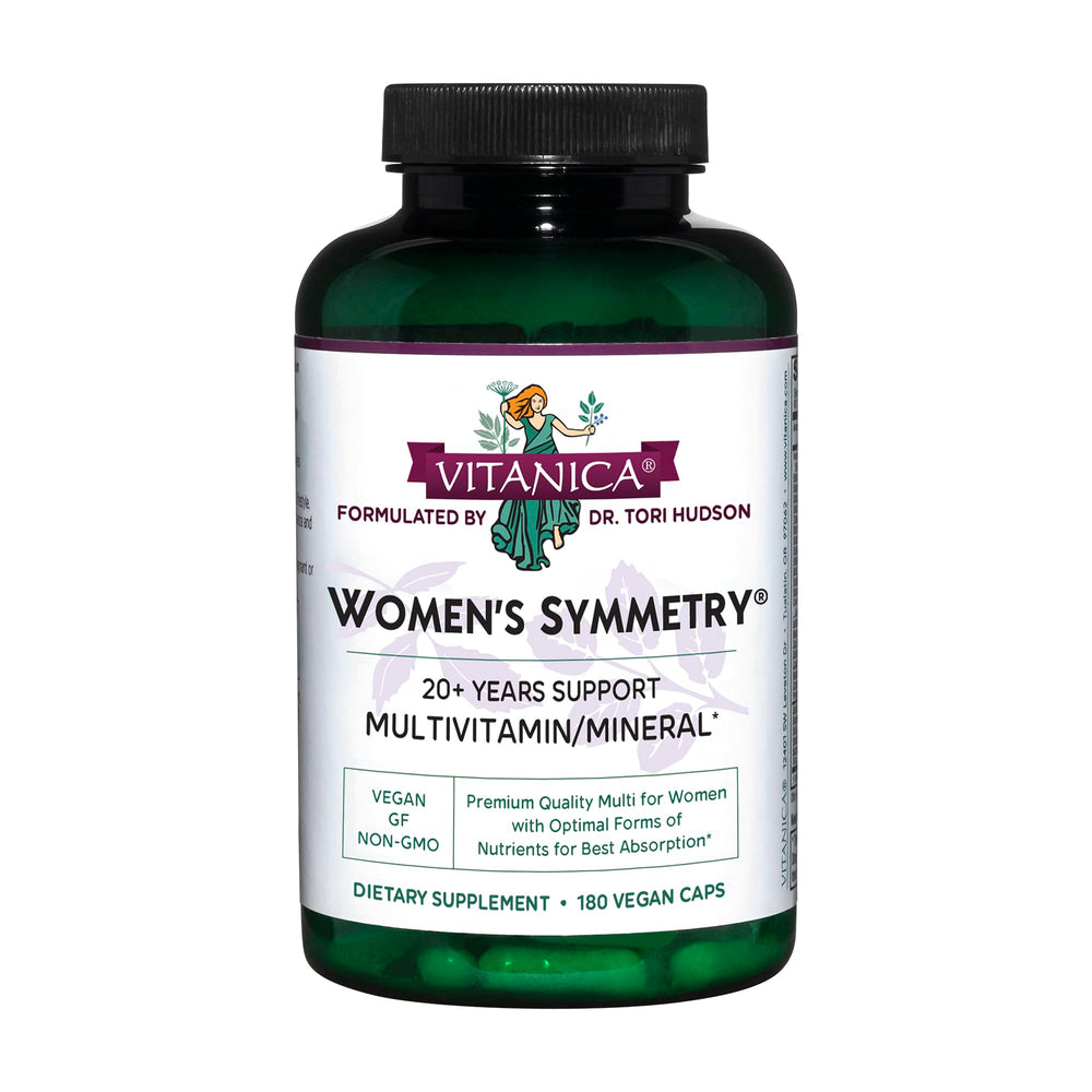 Vitanica Women's Symmetry bottle close-up showing capsules for daily nutrition.