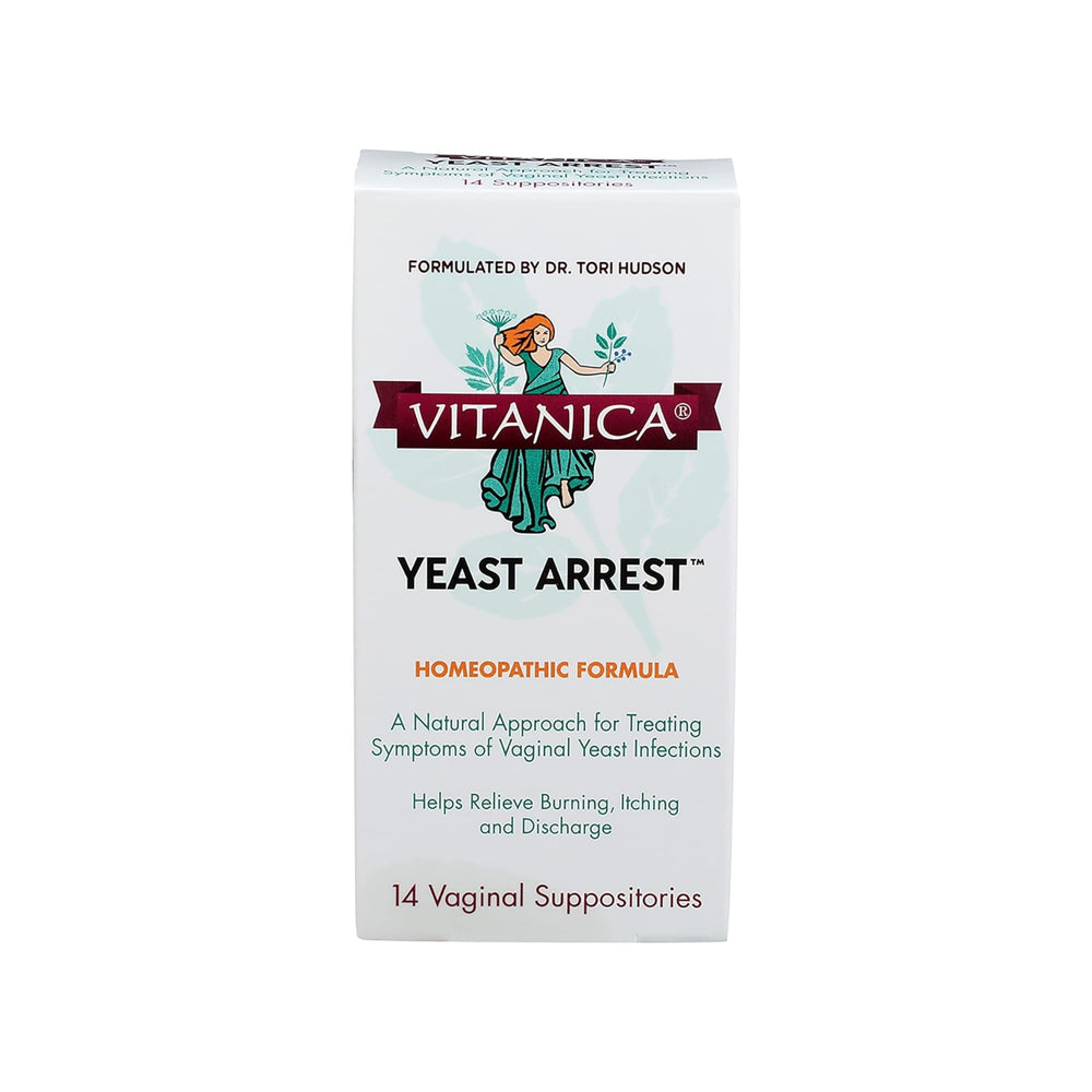 Vitanica Yeast Arrest packaging front shows vegan homeopathic formula