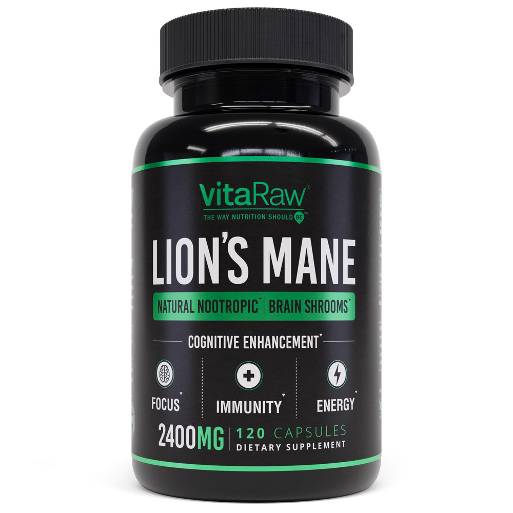 VitaRaw Lions Mane supplement bottle front showing a vegan brain-boosting capsule routine