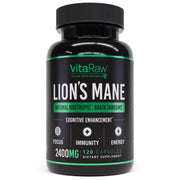 VitaRaw Lions Mane supplement bottle front showing a vegan brain-boosting capsule routine