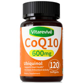 Vitarevive CoQ10 600 mg softgels bottle front for everyday energy support.