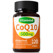 Vitarevive CoQ10 600 mg softgels bottle front for everyday energy support.