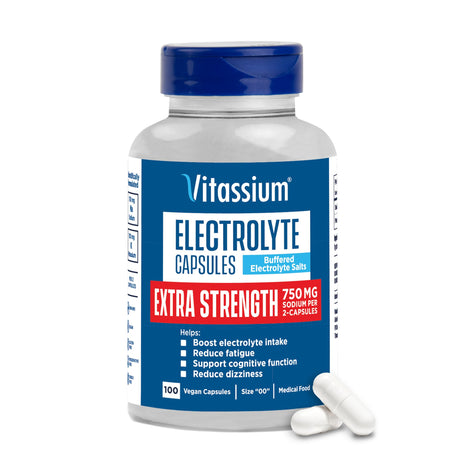 Vitassium bottle with flip-top lid for on-the-go electrolyte support.