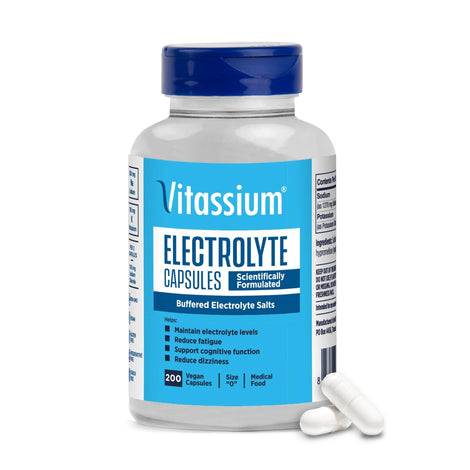 Vitassium electrolyte capsules bottle front view for convenient daily hydration support