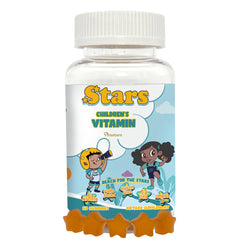 Vitastars Stars Kids multivitamin bottle shows star-shaped gummies for daily growth support.