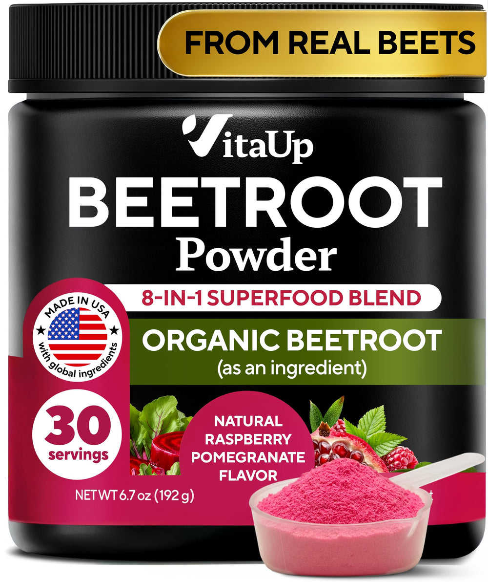 VitaUp Beet Root Powder bottle shows the 8-in-1 blend for daily energy support.