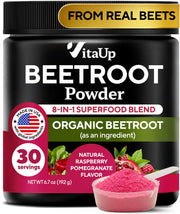 VitaUp Beet Root Powder bottle shows the 8-in-1 blend for daily energy support.