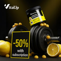 VitaUp gummies bottle back shows serving details for easy daily dosing