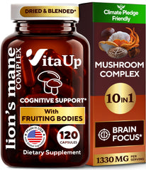 VitaUp Lions Mane capsules bottle on shelf for daily cognitive support.