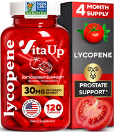 VitaUp Lycopene capsules close-up highlighting natural tomato extract benefits.
