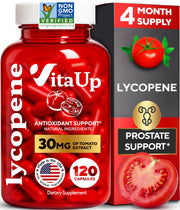 VitaUp Lycopene capsules close-up highlighting natural tomato extract benefits.