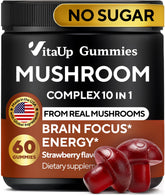 VitaUp Mushroom Gummies bottle on a counter signaling convenient daily use