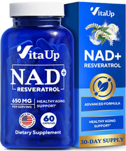 VitaUp NAD+ Resveratrol bottle front with USA-made badge for healthy aging.
