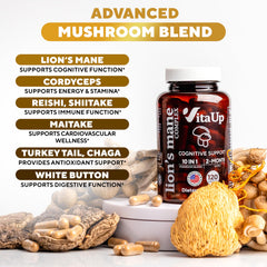 VitaUp ten-mushroom blend capsules close-up highlighting wellness benefits.