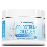 Vitauthority Colostrum-Collagen powder tub with scoop supports skin, gut, and immune wellness.