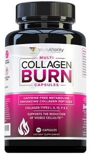 Vitauthority Multi Collagen Burn bottle front shows ingredients for daily skin and joint support.