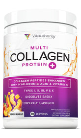 Vitauthority Multi Collagen Peptides powder tub with peach mango flavor for daily beauty nutrition