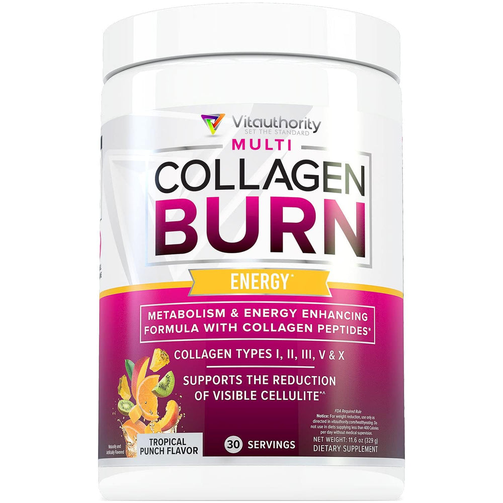 Vitauthority Multi Collagen Burn bottle front showing tropical punch flavor for daily energy