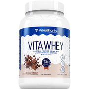 Vitauthority Whey bottle closeup highlighting clean ingredients and chocolate flavor.