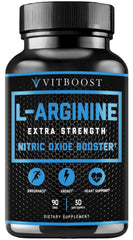 VitBoost L-Arginine 1500mg bottle showing premium nitric oxide blend for daily endurance.
