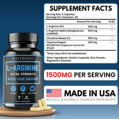 VitBoost L-Arginine bottle label highlighting arginine and citrulline synergy for nitric oxide support.